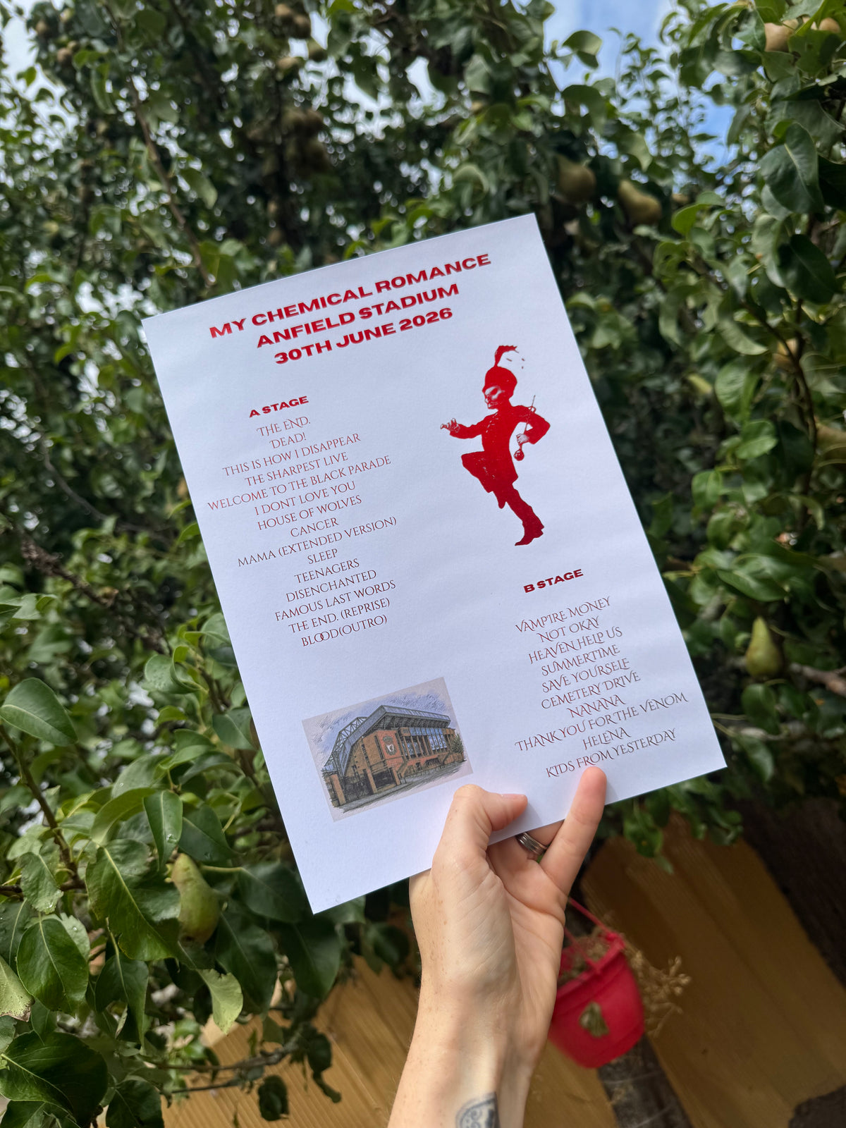 Concert set lists - foiled with a print of the venue. 