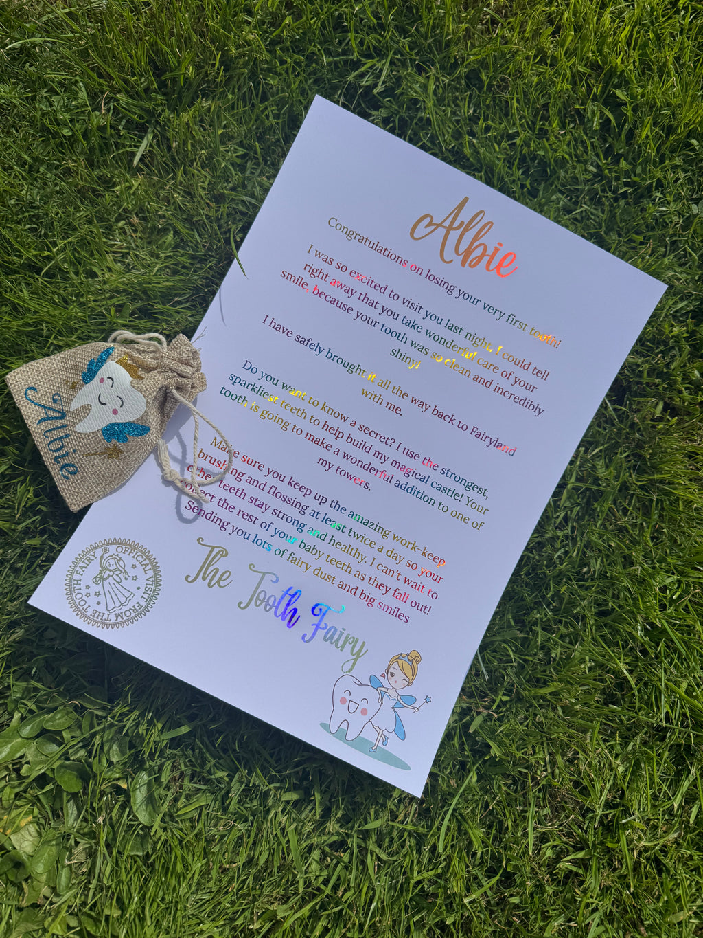 personalised glitter tooth fairy bag and foiled letter