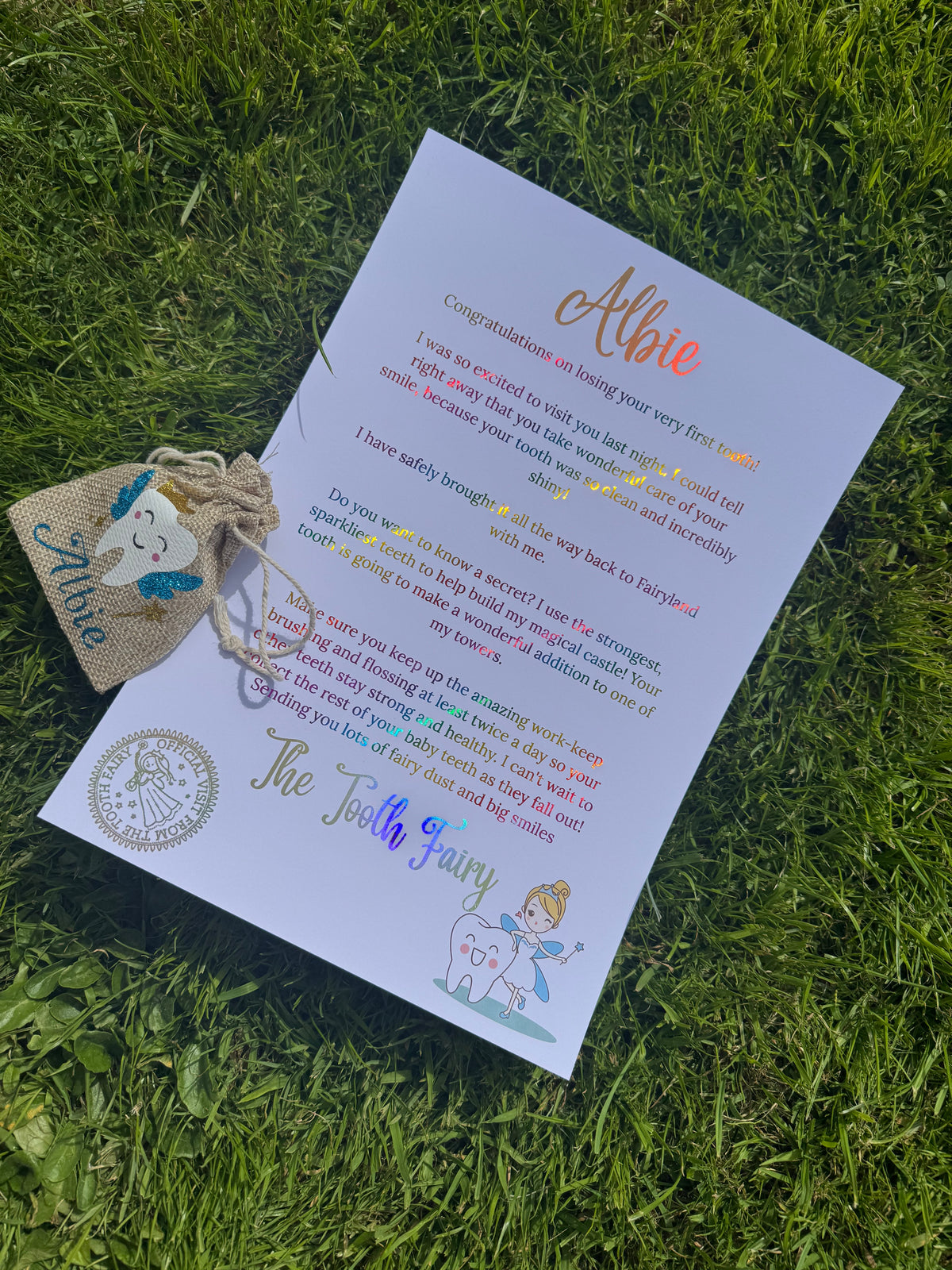 personalised glitter tooth fairy bag and foiled letter