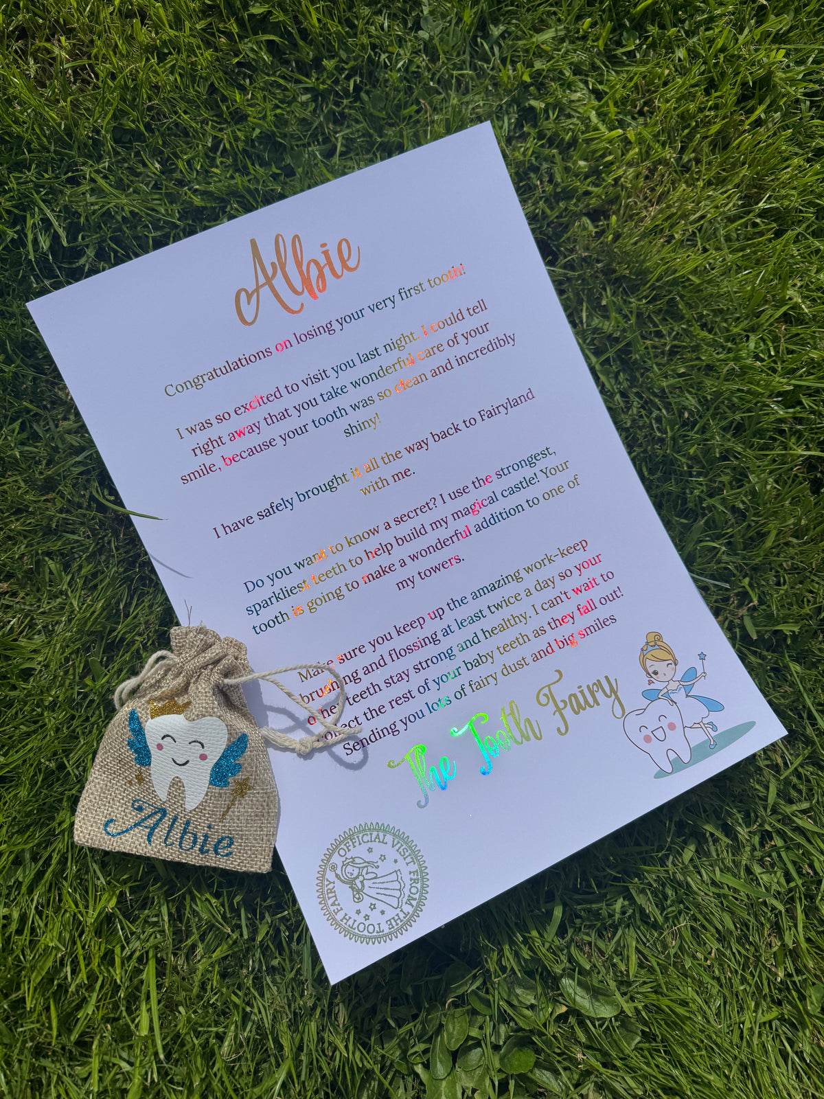 personalised glitter tooth fairy bag and foiled letter
