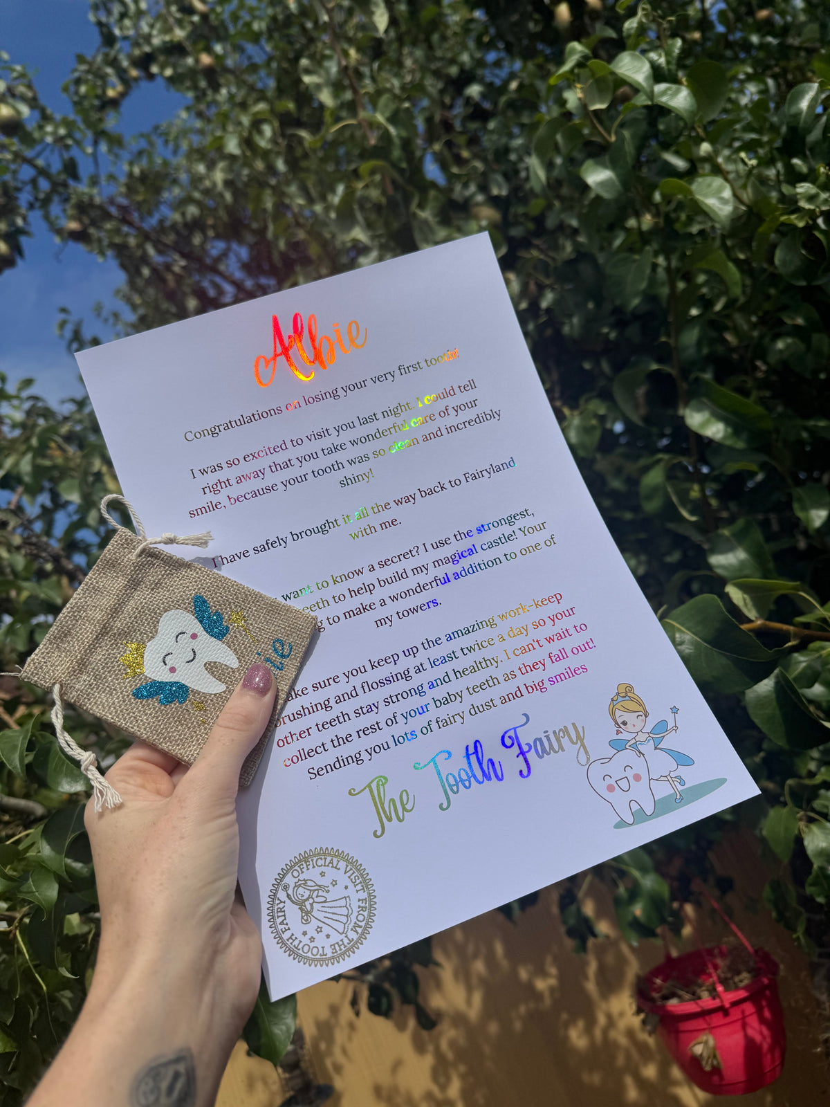 personalised glitter tooth fairy bag and foiled letter