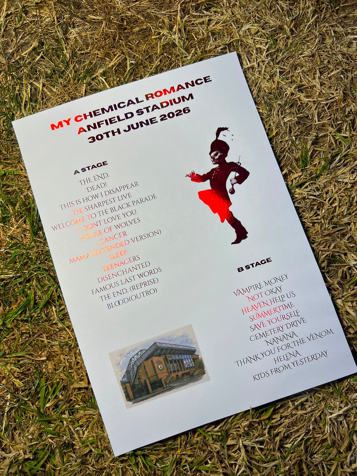 Concert set lists - foiled with a print of the venue. 