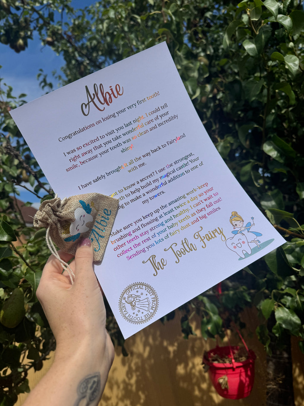 personalised glitter tooth fairy bag and foiled letter